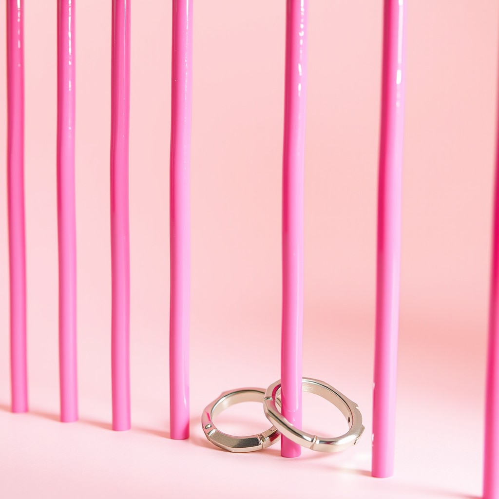 An imaginative depiction of pink jail bars embellished with mini handcuffs