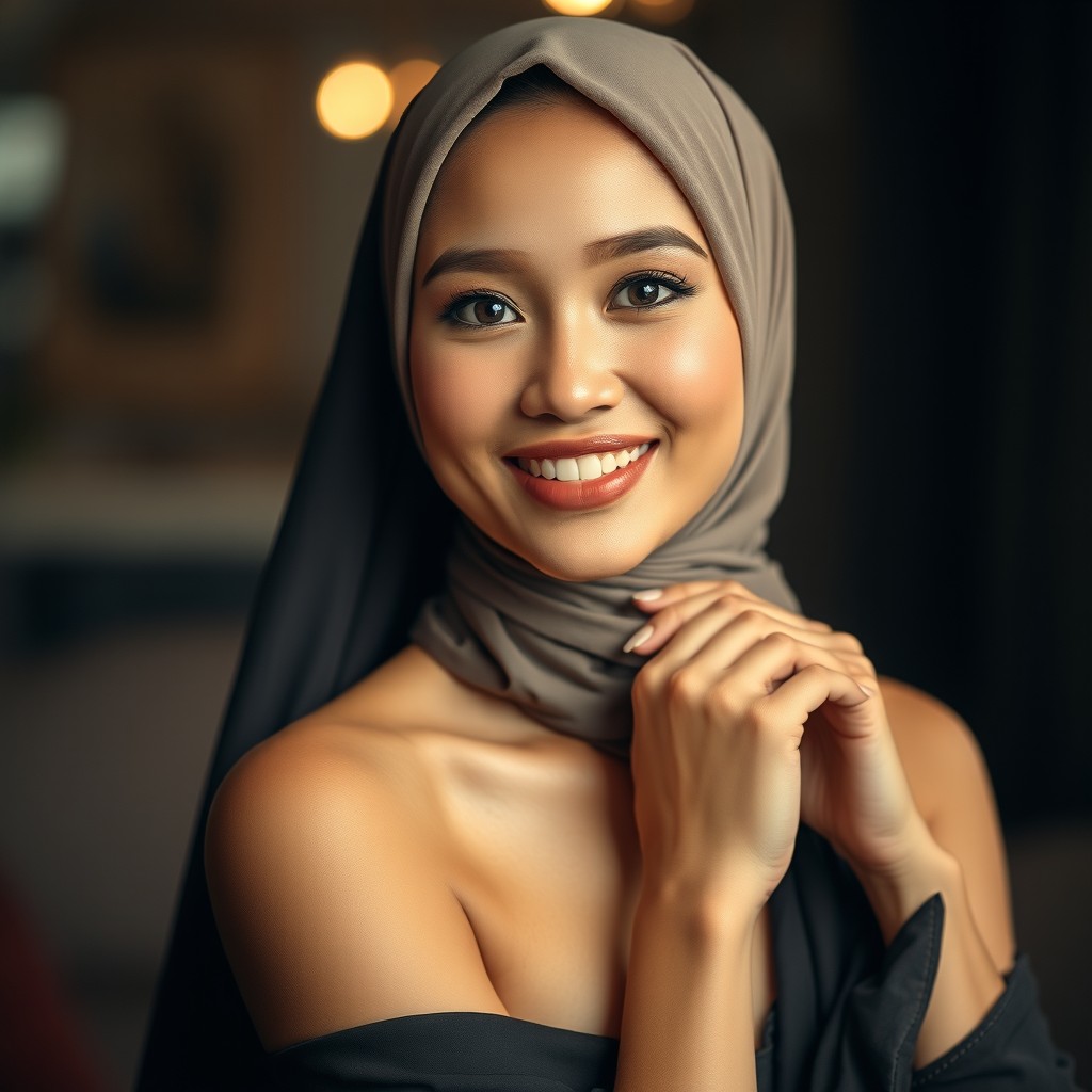 A stunning woman of Javanese descent wearing a hijab, showcasing her natural beauty with a focus on her elegant pose and radiant smile