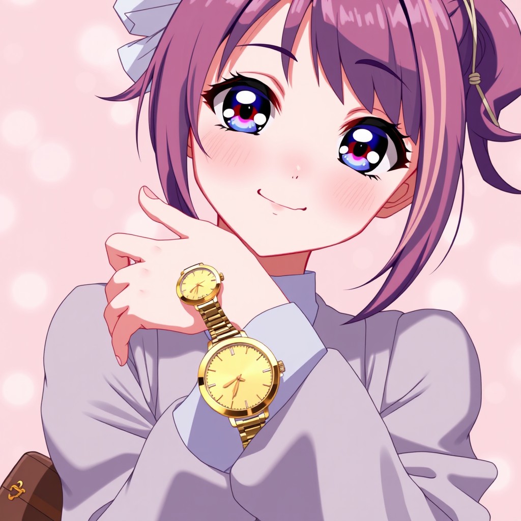 An anime girl with large expressive eyes and vibrant colored hair, stylishly dressed, wearing a luxurious golden Michael Kors wristwatch