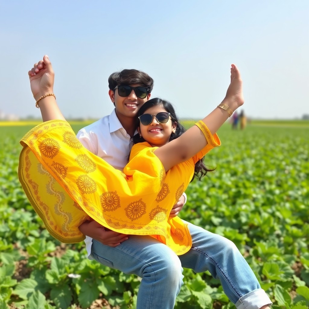 A cute Indian boy and a 16-year-old Indian girl in a playful scene, both wearing sunglasses
