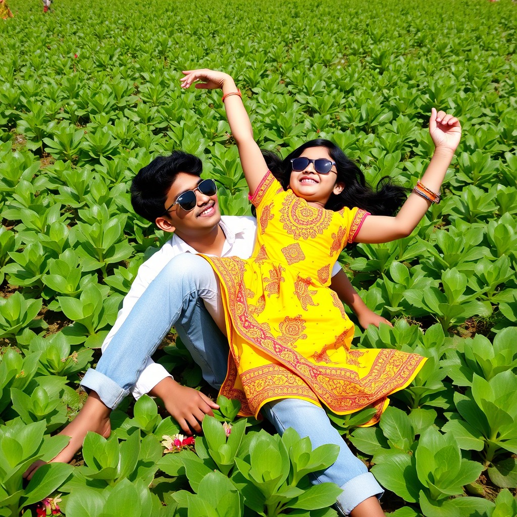 A cute Indian boy and a 16-year-old Indian girl are playfully lounging in a vibrant field filled with various green plants