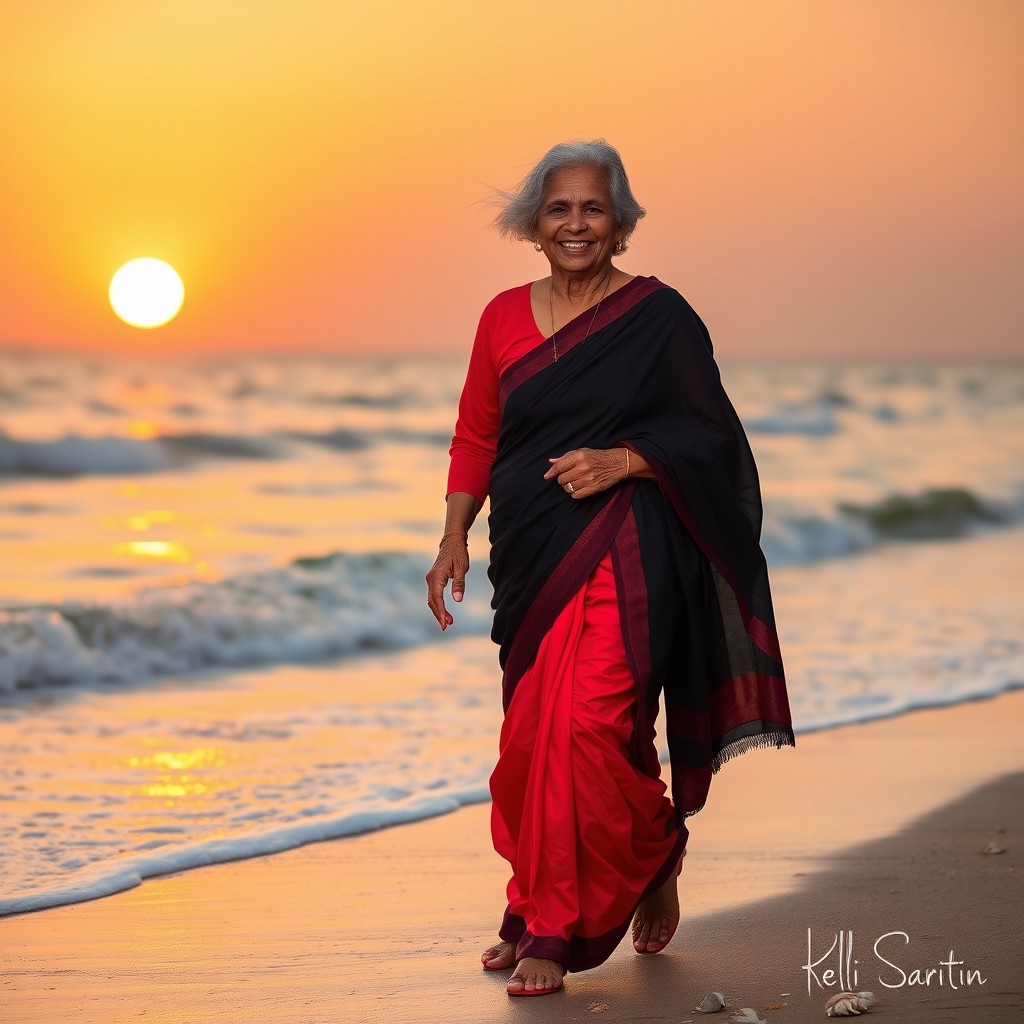 An Indian woman in her 70s, wearing a black sari (lagis) and a bright red kurta, walks gracefully along a serene beach