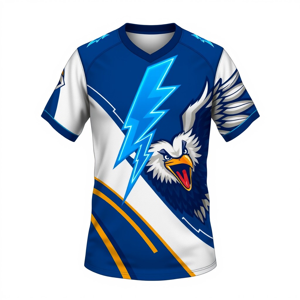 A sports jersey design featuring a striking blue thunderbolt graphic prominently displayed across the chest