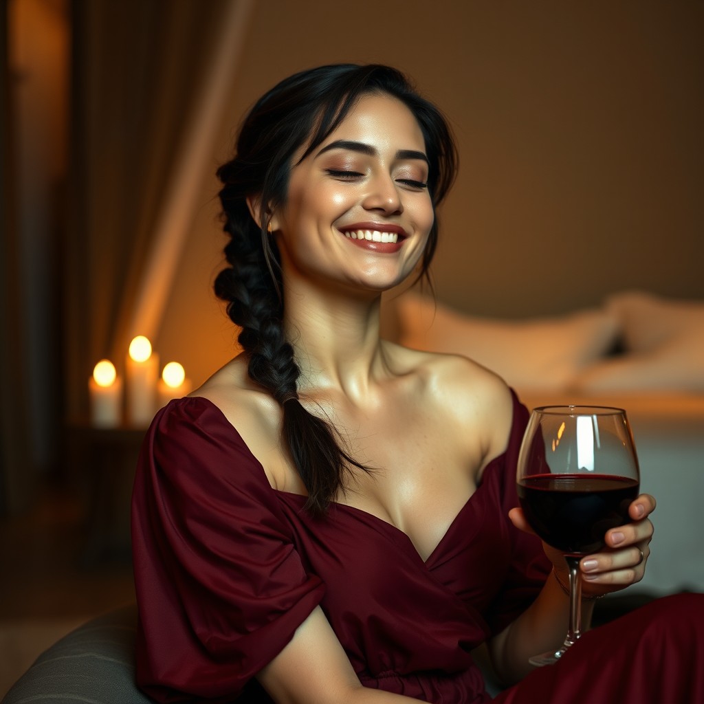 A woman wearing a dark red blouse and skirt, with shiny skin due to sweat or oil, sitting in a state of contentment or relaxation