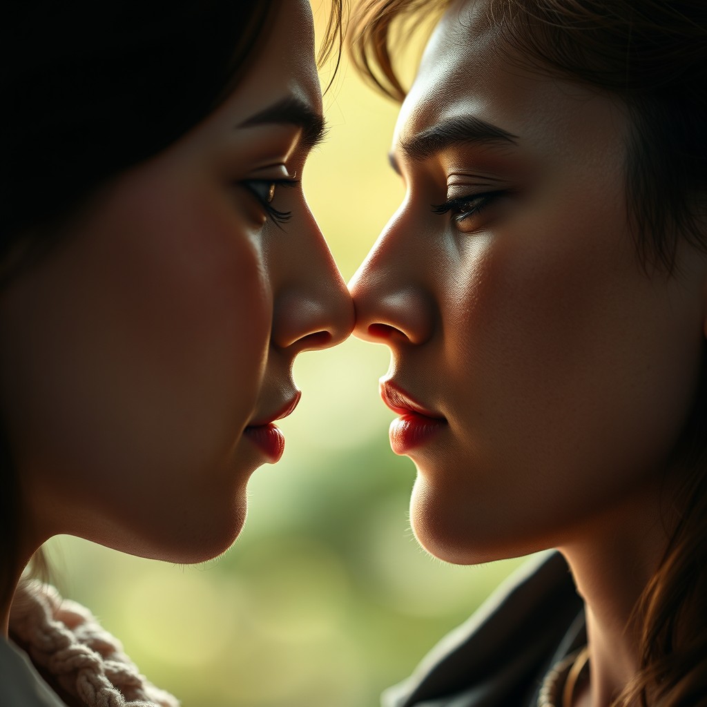 Cinematic hyper-realistic close-up portrait of a young man and woman facing each other at an extremely close distance, almost touching lips, captured in an intimate emotional moment