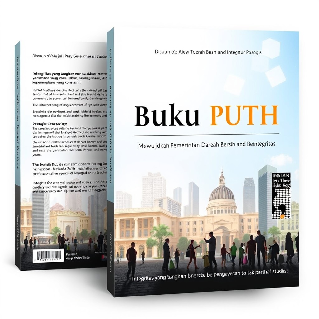 A full-color A4 book cover design featuring the title "Buku Putih Mewujudkan Pemerintahan Daerah Bersih dan Berintegritas", with a subtitle "Disusun oleh Asep Toha, Direktur Posogis (Politic Social and Local Government Studies)"