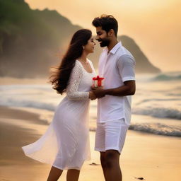 25-year-old Revathi and her 28-year-old lover, clad in elegant white attire, embrace each other romantically on a beach during sunset, with waves lightly caressing their legs. The man holds a gift in his hand.