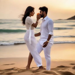 25-year-old Revathi and her 28-year-old lover, clad in elegant white attire, embrace each other romantically on a beach during sunset, with waves lightly caressing their legs. The man holds a gift in his hand.