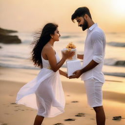 25-year-old Revathi and her 28-year-old lover, clad in elegant white attire, embrace each other romantically on a beach during sunset, with waves lightly caressing their legs. The man holds a gift in his hand.