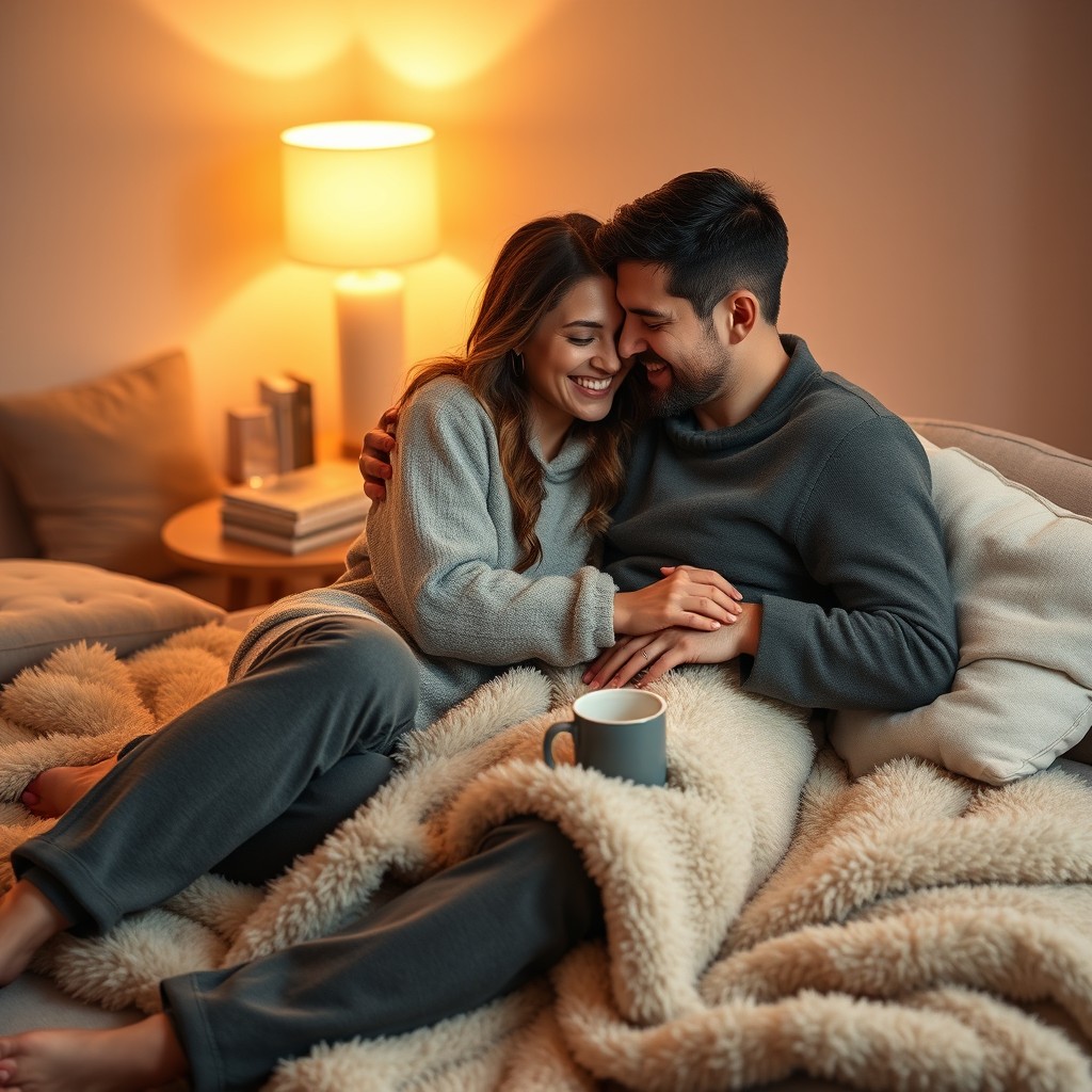 A cozy and intimate scene of a couple cuddling together on a soft, fluffy blanket in a warm living room