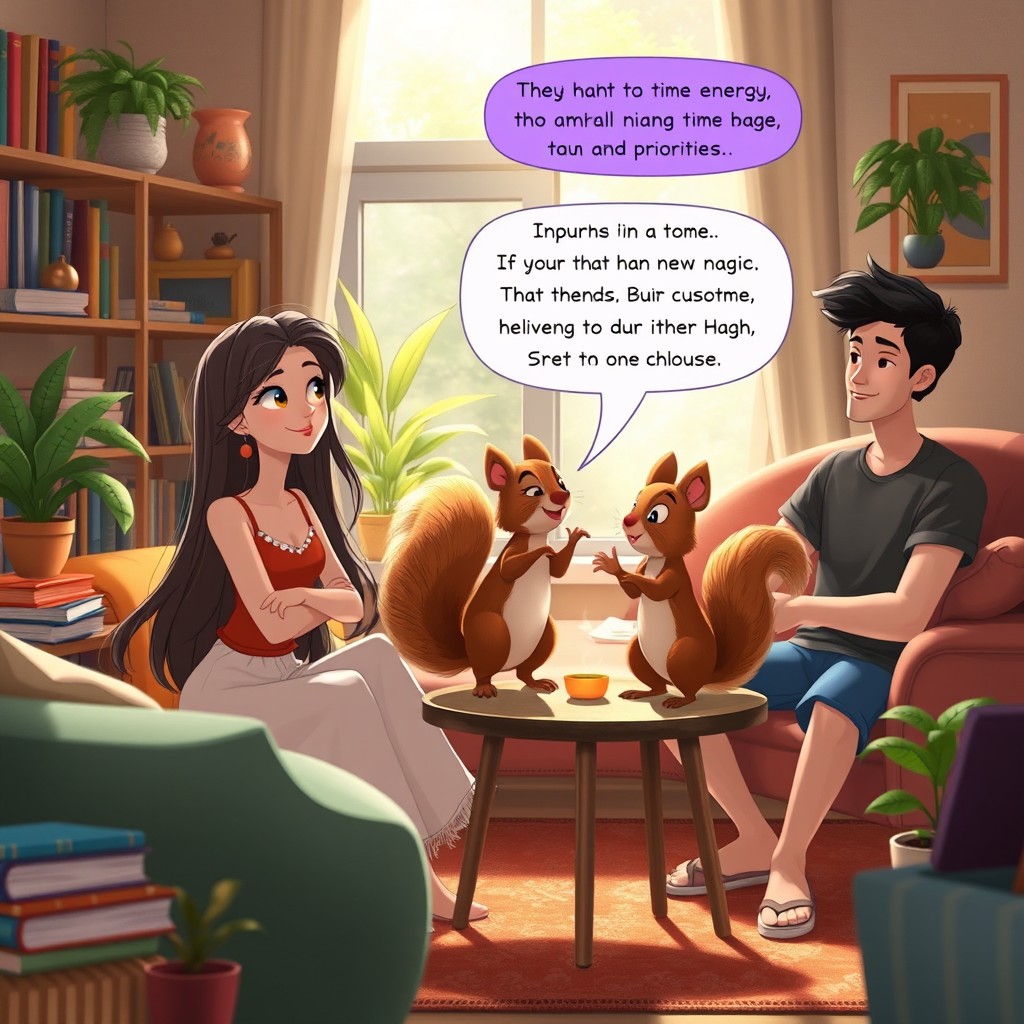 A modern fantasy scene featuring two characters, Luna and Quim, in a cozy yet vibrant living room, receiving an unexpected visit from a talking squirrel