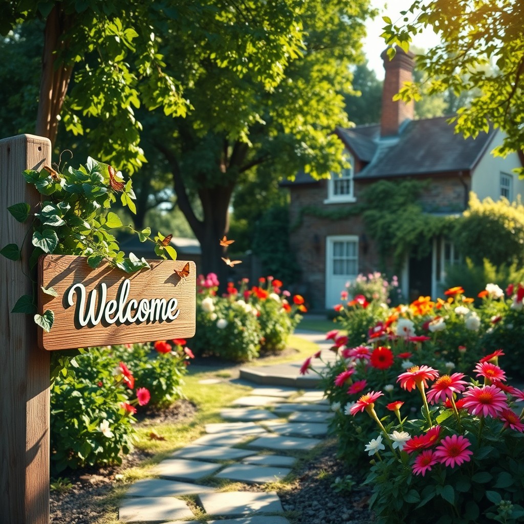 A serene and inviting welcome scene featuring a beautiful outdoor garden with vibrant flowers in full bloom