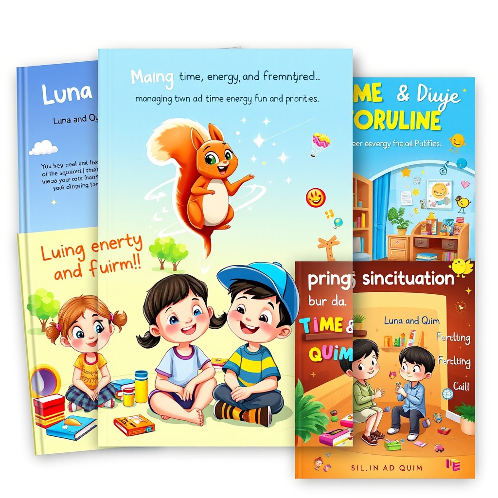 Three whimsical children's book covers featuring a modern fantasy theme, showcasing two six-year-old characters, Luna and Quim, with joyful faces