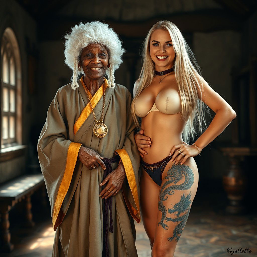 In a medieval room, an African woman aged 90, petite and looking frail, wears a white colonial judge wig from the 18th century and sports a big, joyful smile