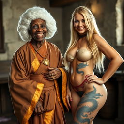 In a medieval room, an African woman aged 90, petite and looking frail, wears a white colonial judge wig from the 18th century and sports a big, joyful smile