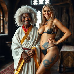 In a medieval room, an African woman aged 90, petite and looking frail, wears a white colonial judge wig from the 18th century and sports a big, joyful smile