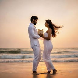 25-year-old Revathi and her 28-year-old lover, clad in elegant white attire, embrace each other romantically on a beach during sunset, with waves lightly caressing their legs. The man holds a gift in his hand.