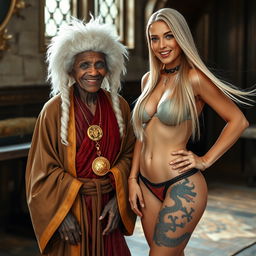In a medieval room, a short, emaciated 90-year-old African woman with a joyful smile wears a white 18th-century colonial judge wig