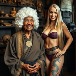 In a medieval room adorned with various relics, a 90-year-old African woman, petite and undernourished, radiates happiness while wearing a white colonial judge wig from the 18th century