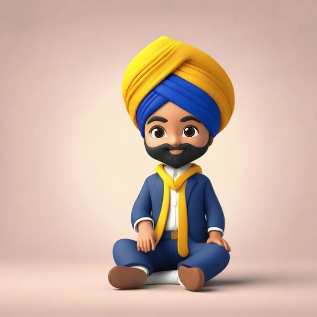 Generate a 3D illustration of a Sikh boy in a formal outfit, sitting casually on an Instagram logo. Use a social media profile setting with 'DILRAJ' as the username and a matching profile picture in the background.