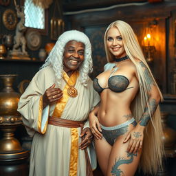 In a medieval room adorned with various relics, a heartwarming scene unfolds with a 90-year-old African woman, slightly malnourished and petite, joyfully smiling as she proposes marriage to a stunning 27-year-old curvy blonde woman