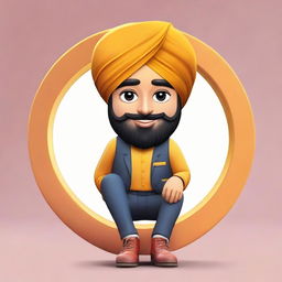 Generate a 3D illustration of a Sikh boy in a formal outfit, sitting casually on an Instagram logo. Use a social media profile setting with 'DILRAJ' as the username and a matching profile picture in the background.