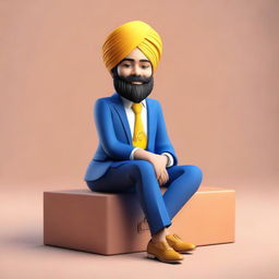 Generate a 3D illustration of a Sikh boy in a formal outfit, sitting casually on an Instagram logo. Use a social media profile setting with 'DILRAJ' as the username and a matching profile picture in the background.