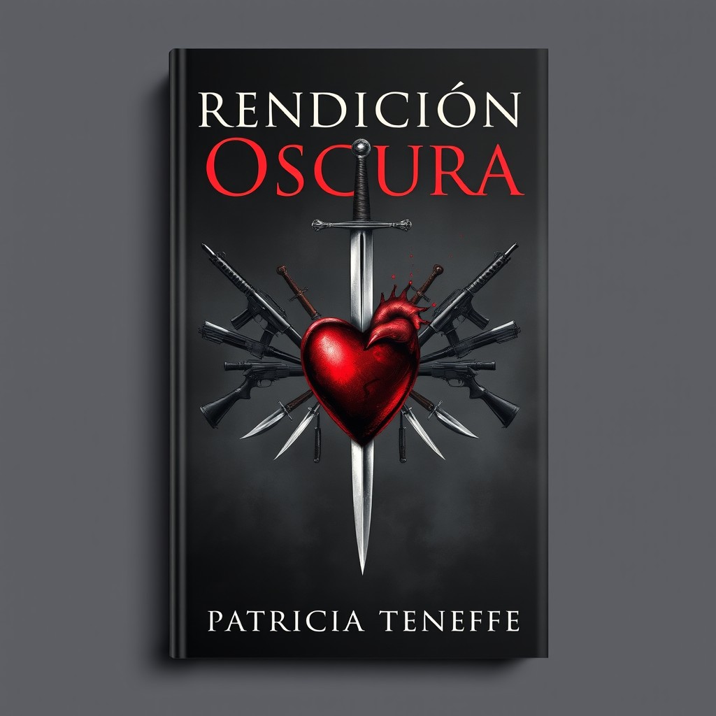 A book cover design for 'Rendición Oscura' by Patricia Teneffe, featuring a dramatic illustration of a sword piercing through a heart at the center