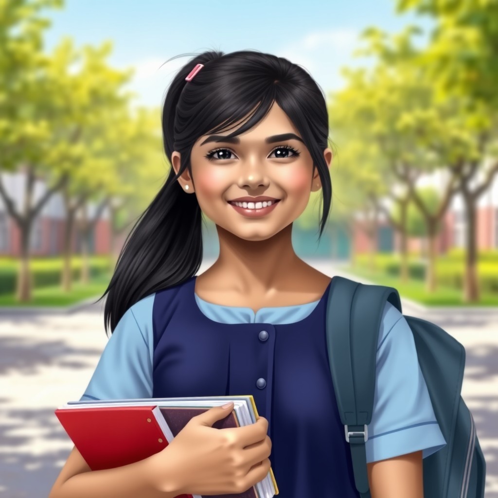 A realistic portrait of an Indian schoolgirl wearing a traditional school uniform, consisting of a dark blue skirt and a light blue shirt