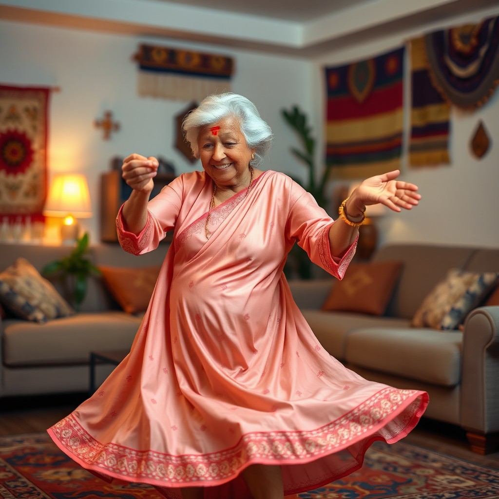 An 80-year-old Indian granny gracefully performing a twirl dance