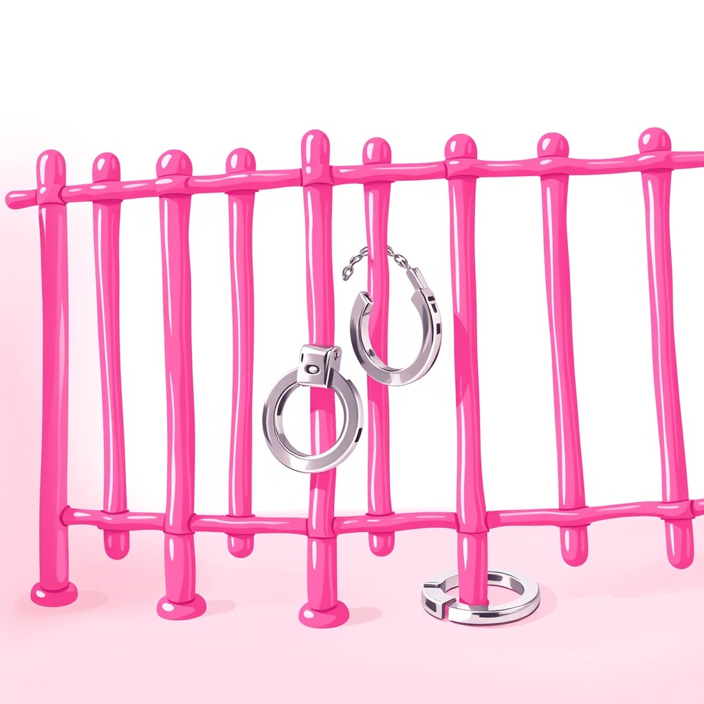 A vibrant and playful illustration of pink jail bars decorated with shiny silver handcuffs