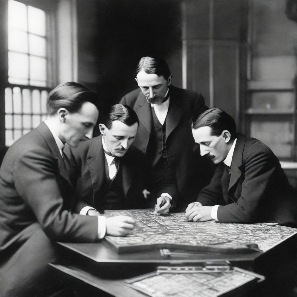 Notable scientists Nikola Tesla, Michael Pupin, and Milutin Milankovitch, engaged in a friendly interaction of assembling a complex jigsaw puzzle in a well-lit laboratory setting.