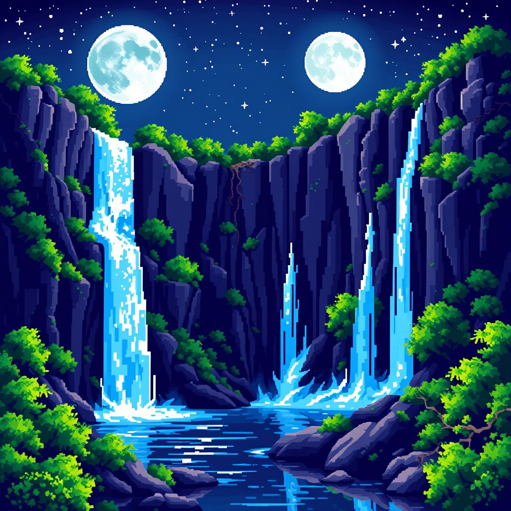 A vibrant pixel art scene of a magnificent waterfall cascading down rocky cliffs under the glow of a full moon