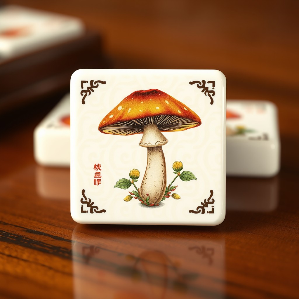 A beautifully designed Mahjong tile featuring a Chinese mushroom illustration, depicting the distinctive shape and textures of the mushroom