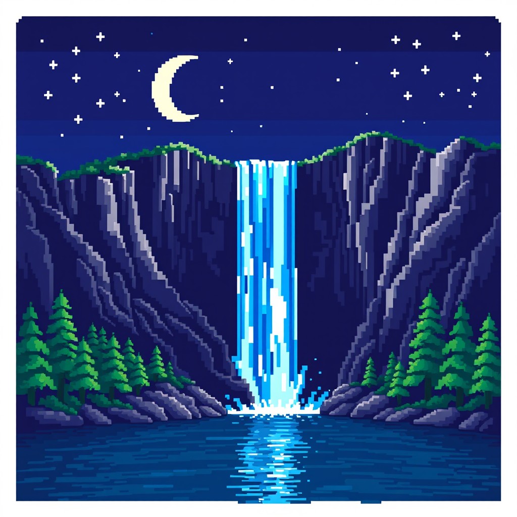 A captivating pixel art depiction of a majestic waterfall pouring over jagged cliffs, illuminated by the soft light of a crescent moon set against a deep indigo night sky