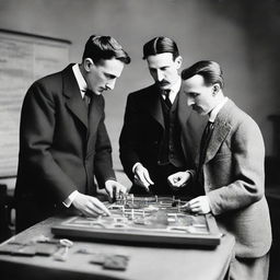 Notable scientists Nikola Tesla, Michael Pupin, and Milutin Milankovitch, engaged in a friendly interaction of assembling a complex jigsaw puzzle in a well-lit laboratory setting.