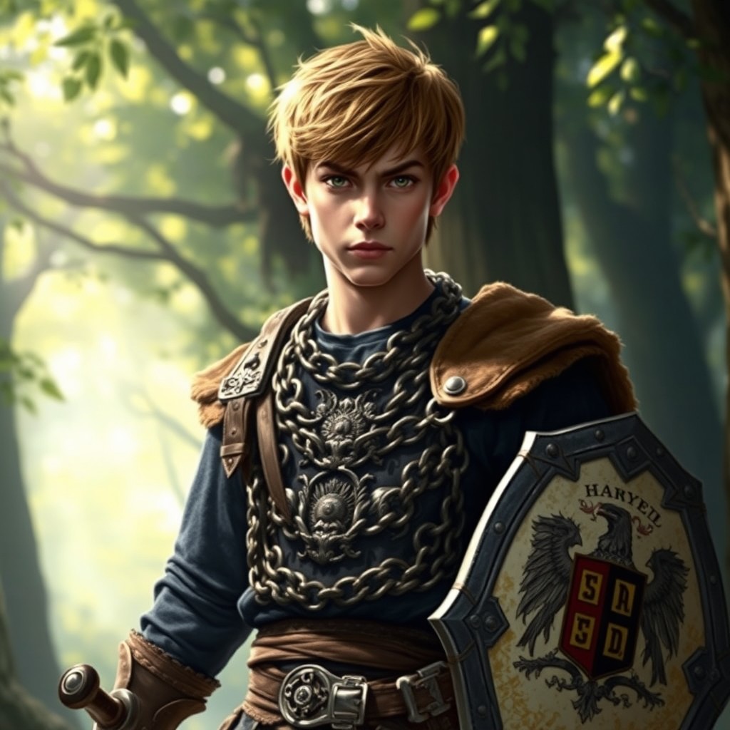 A young male warrior dressed in a detailed chain shirt, embodying a classic Dungeons & Dragons (D&D) style