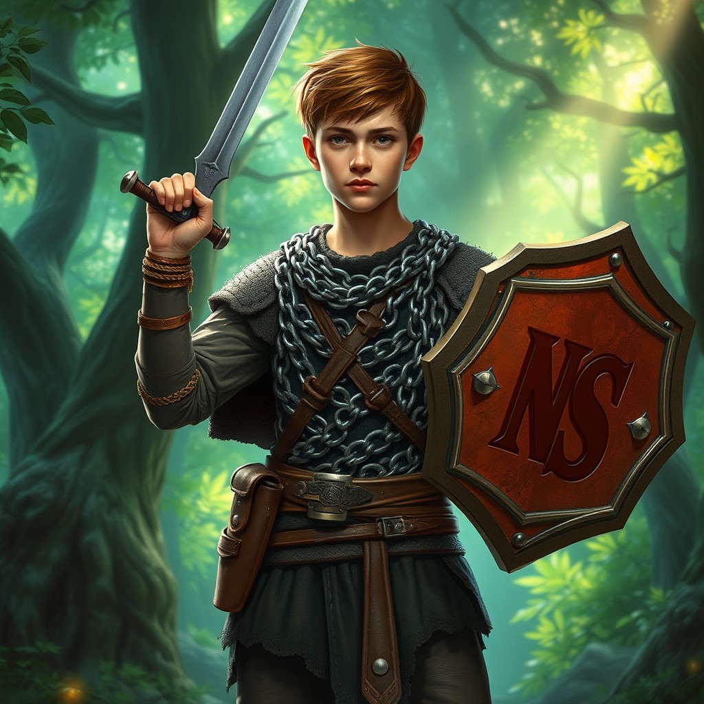 A young male warrior clad in a detailed chain shirt, wielding a short sword in one hand and a shield emblazoned with the letters 'NS' in the other