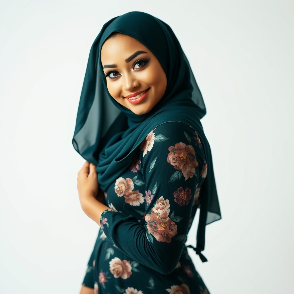 A stunning portrait of a beautiful young woman in a stylish hijab, featuring a curvy figure with prominent features