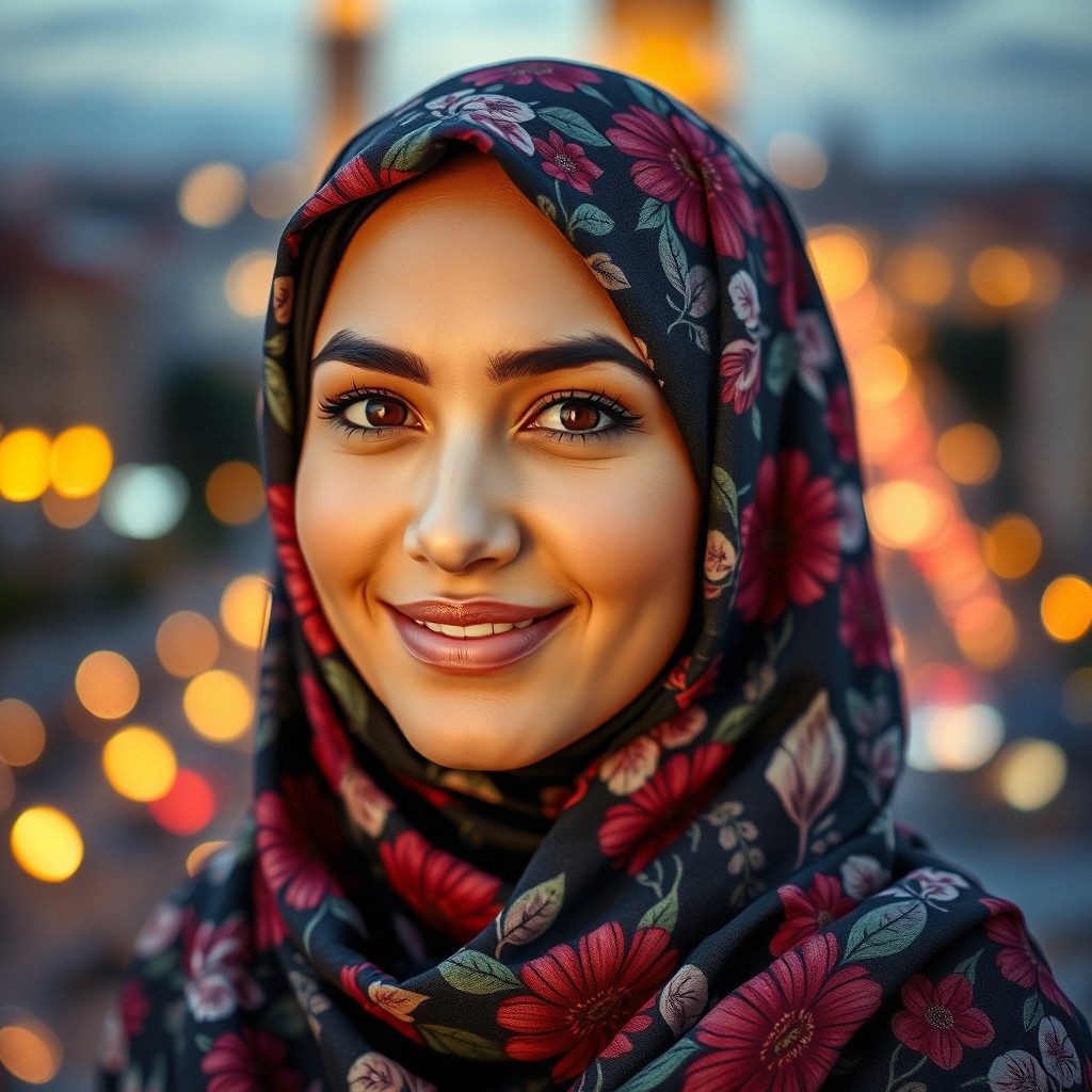 A stunning portrait of a woman wearing a beautifully patterned hijab