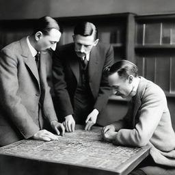 Notable scientists Nikola Tesla, Michael Pupin, and Milutin Milankovitch, engaged in a friendly interaction of assembling a complex jigsaw puzzle in a well-lit laboratory setting.