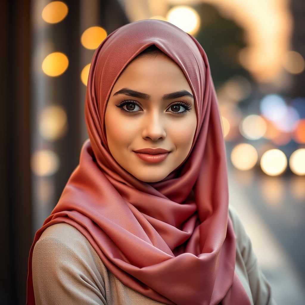 An attractive young woman confidently wearing a stylish, form-fitting hijab that accentuates her features
