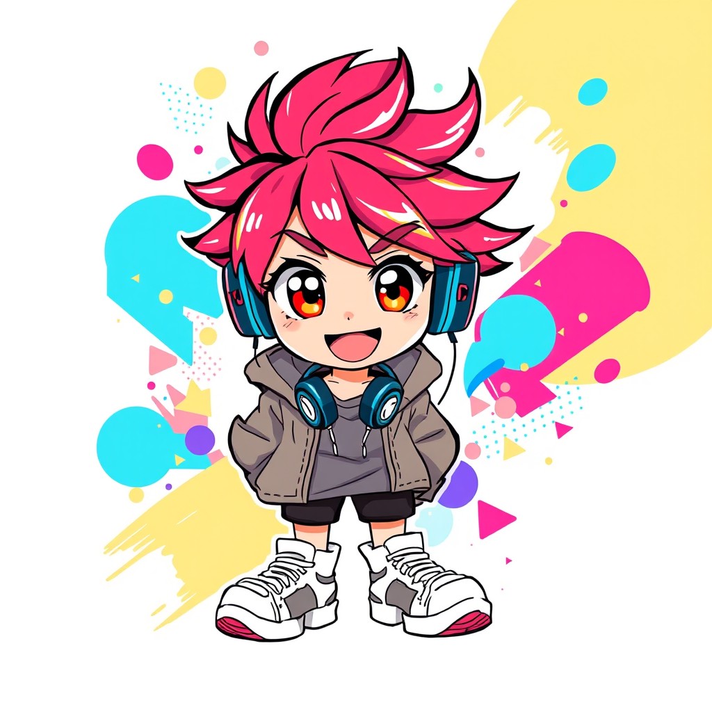 A vibrant and stylish anime design for a T-shirt featuring a dynamic character with bright, colorful hair, large expressive eyes, and a cheerful smile