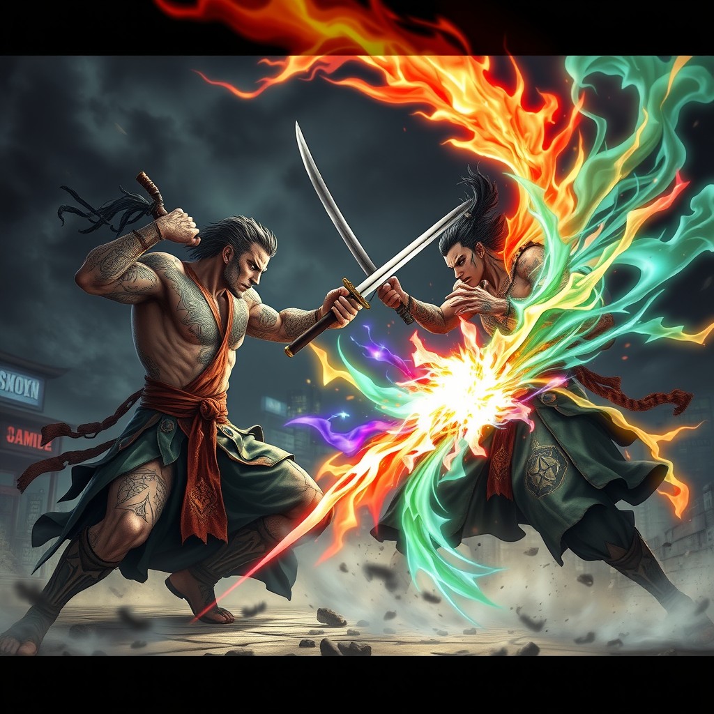 A dynamic and intense scene from a Jujutsu battle, showcasing powerful sorcerers with intricate tattoos performing cursed techniques