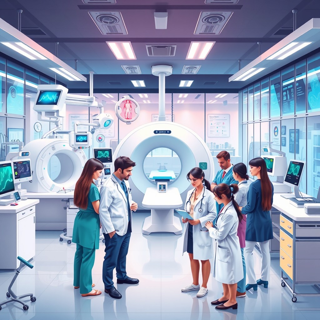 A vibrant and detailed illustration showcasing a modern medicine and medical equipment company