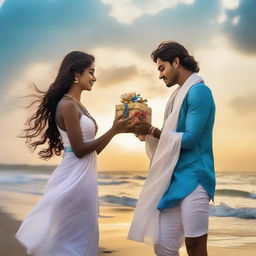 A 25-year-old woman and a 28-year-old man, dressed in a stylish white dress and blue attire respectively, lock in a passionate embrace on a picturesque beach during sunset, with waves lapping at their legs. The man holds a gift, while a figure resembling Lord Krishna watches from the sky.