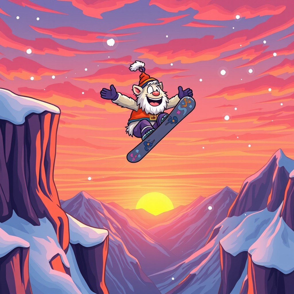 A whimsical cartoon depicting a cheerful Yeti snowboarding, mid-air as it jumps off a majestic cliff