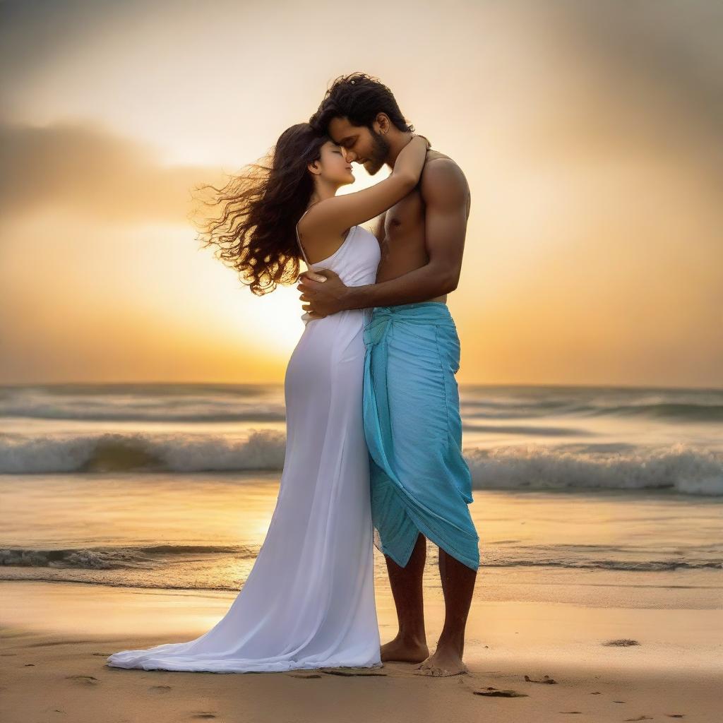 A 25-year-old woman and a 28-year-old man, dressed in a stylish white dress and blue attire respectively, lock in a passionate embrace on a picturesque beach during sunset, with waves lapping at their legs. The man holds a gift, while a figure resembling Lord Krishna watches from the sky.