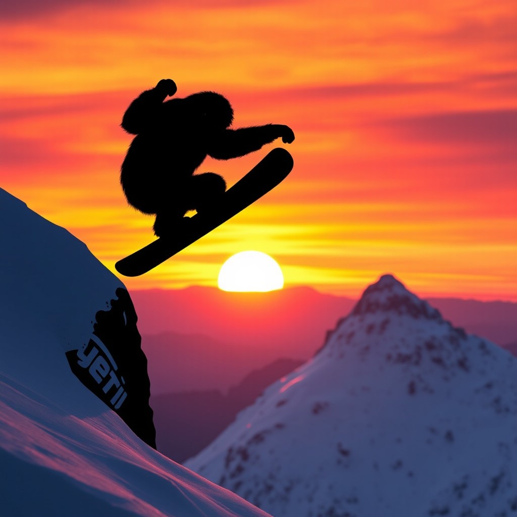 A striking silhouette of a Yeti mid-jump snowboarding off a cliff during sunset
