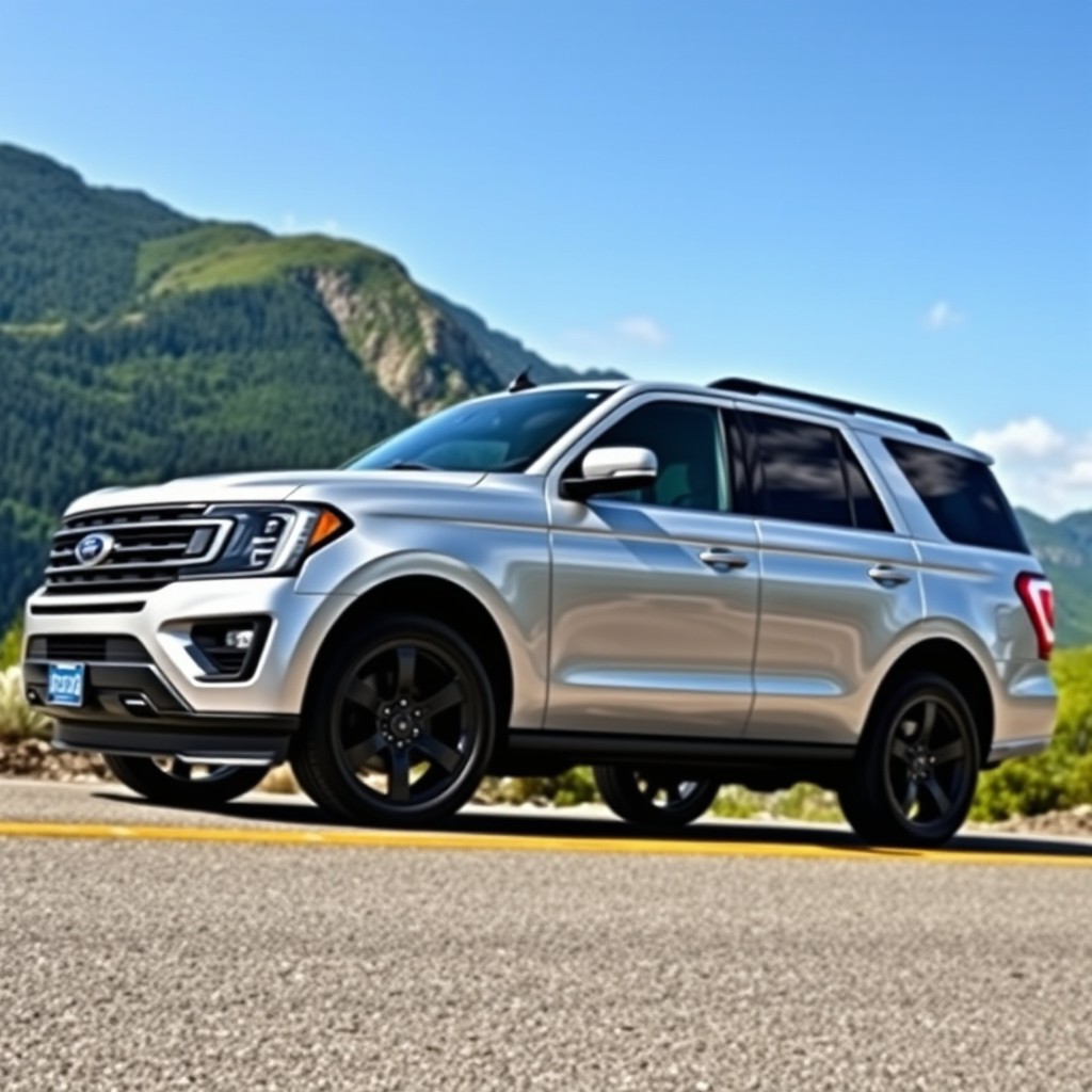 A shiny silver 2018 Ford Expedition parked on a scenic mountain road, showcasing its sleek and modern design